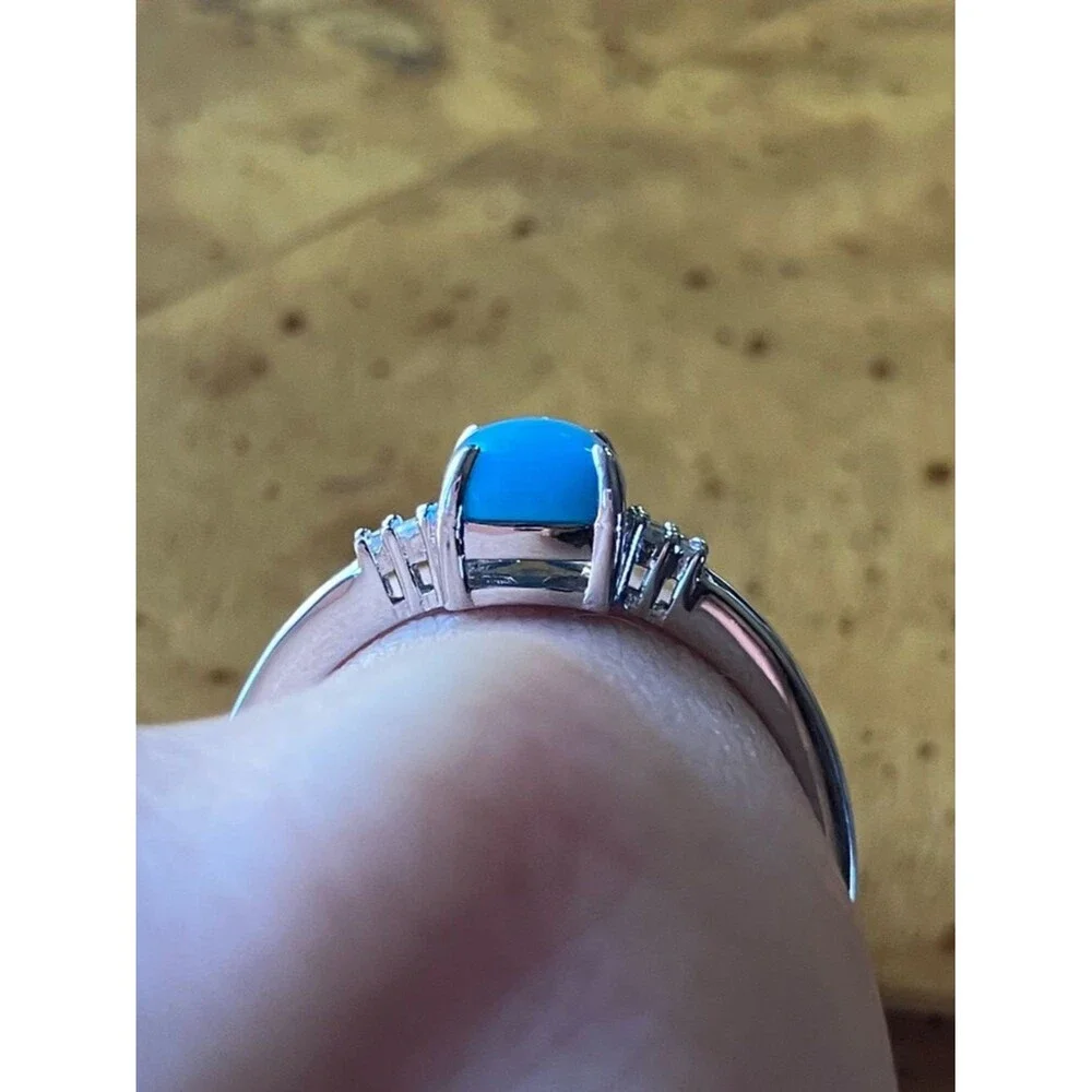 Sleeping Beauty Turquoise White Diamond Sterling Silver Ring Size 8.75